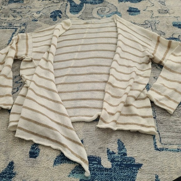 Krista Larson Cardigan Sweater White Tan Stripe Oversized Lagenlook Asymmetric - Picture 9 of 11